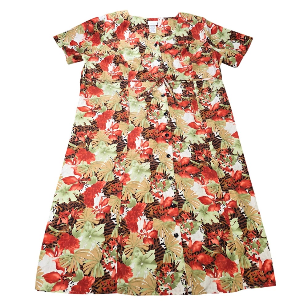 White Stag Tropical Print Midi Dress Women's Size 28W Orange Green White Buttons